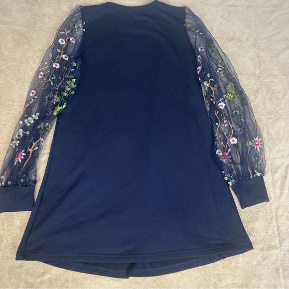 Sheer Fairy Goth Top Mesh Floral Embroidery Sleeve Tunic‎ Navy Crew Neck Wms XS - Picture 10 of 12
